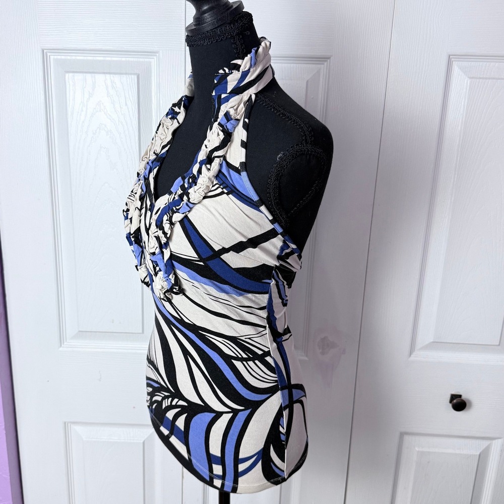 Envy Fashion Halter Top Womens Small Blue Abstract Ruffle Y2K Tropical Y2K